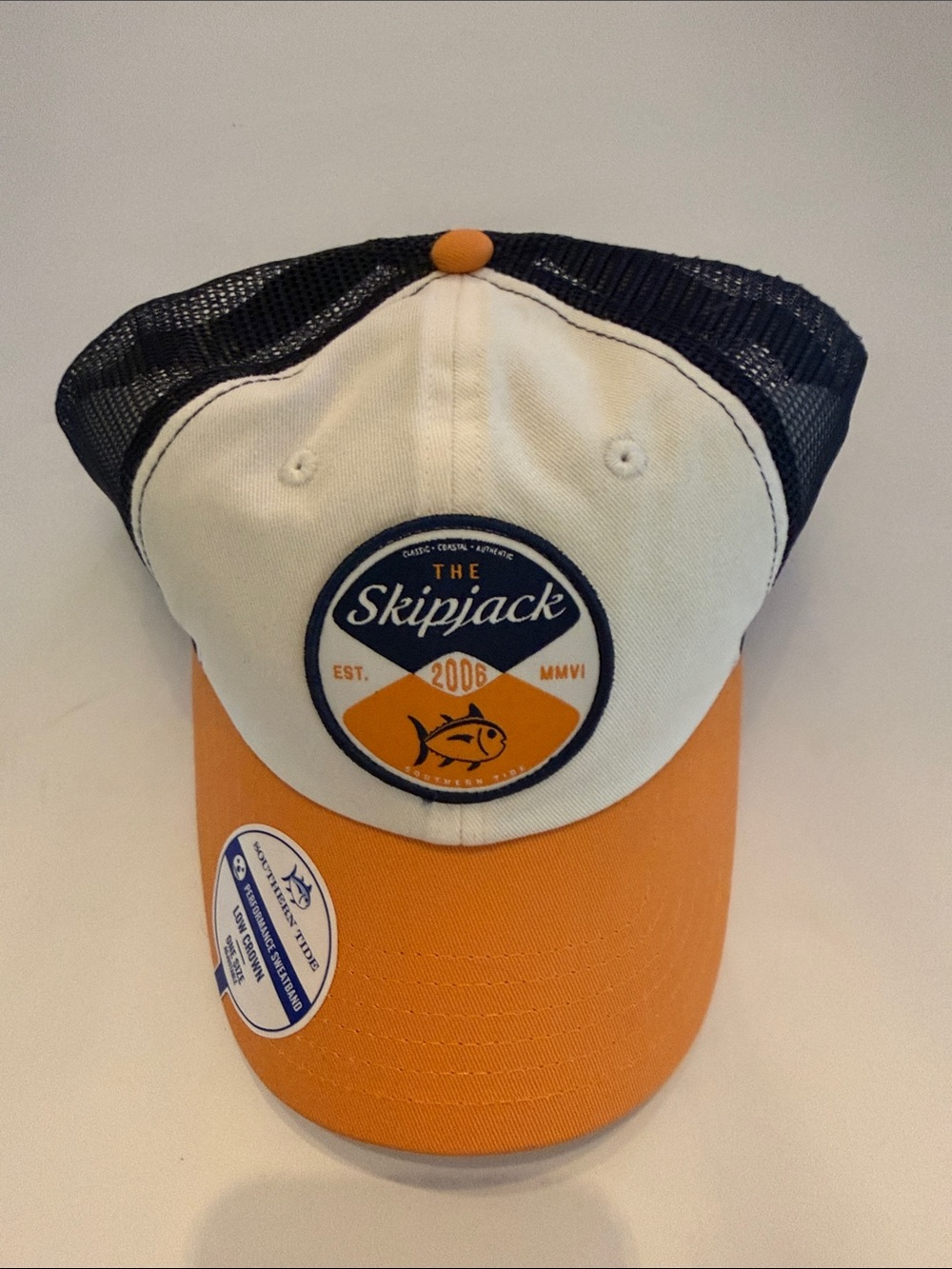 Southern Tide Skipjack Trucker Hat in White, Navy & Orange